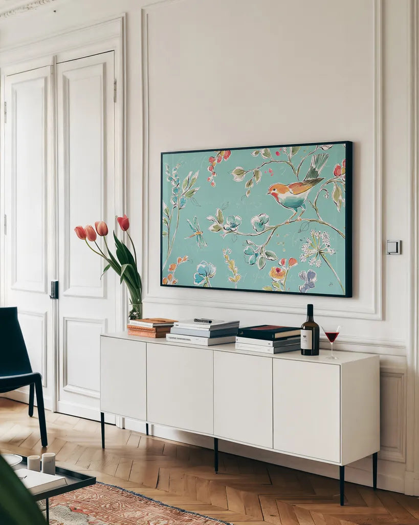 Soft Season II by Daphne Brissonnet. shown as a framed stretched canvas in a living room above a console. Available as a archival giclee rolled canvas, fine art paper, or poster print. SKU 35006i.