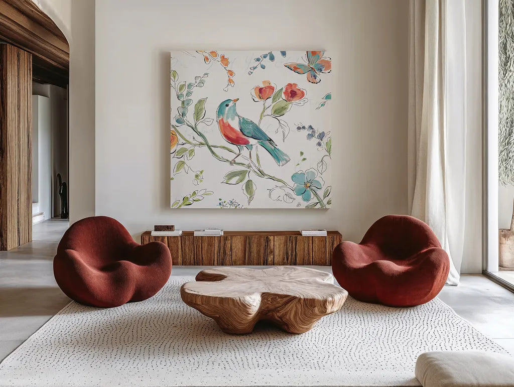 Soft Season III White by Daphne Brissonnet. Shown as extra-large giant wall art in a modern living room. Available as an archival giclee rolled canvas, fine art paper, or poster print. SKU 35013a.
