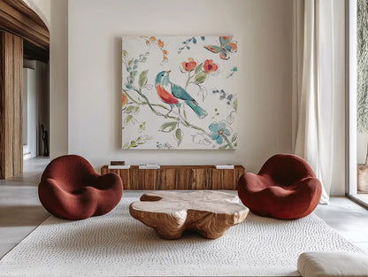 Soft Season III White by Daphne Brissonnet. Shown as extra-large giant wall art in a modern living room. Available as an archival giclee rolled canvas, fine art paper, or poster print. SKU 35013a.
