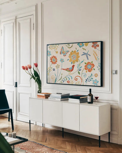 Spanish Impressions I by Daphne Brissonnet. shown as a framed stretched canvas in a living room above a console. Available as a archival giclee rolled canvas, fine art paper, or poster print. SKU 27342i.