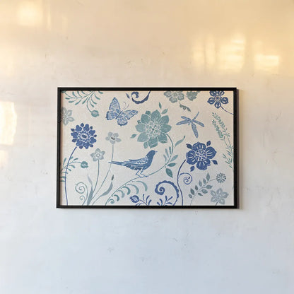 Spanish Impressions I Blue by Daphne Brissonnet. shown as a paper print in a black flame. Available as a archival giclee rolled canvas, fine art paper, or poster print. SKU 77797i.