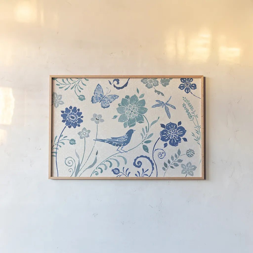 Spanish Impressions I Blue by Daphne Brissonnet. shown as a paper print in a natural frame. Available as a archival giclee rolled canvas, fine art paper, or poster print. SKU 77797i.