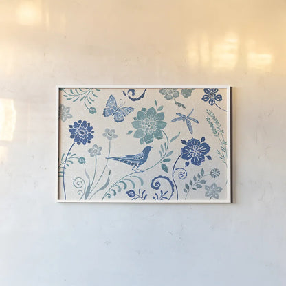 Spanish Impressions I Blue by Daphne Brissonnet. shown as a paper print in a white frame. Available as a archival giclee rolled canvas, fine art paper, or poster print. SKU 77797i.