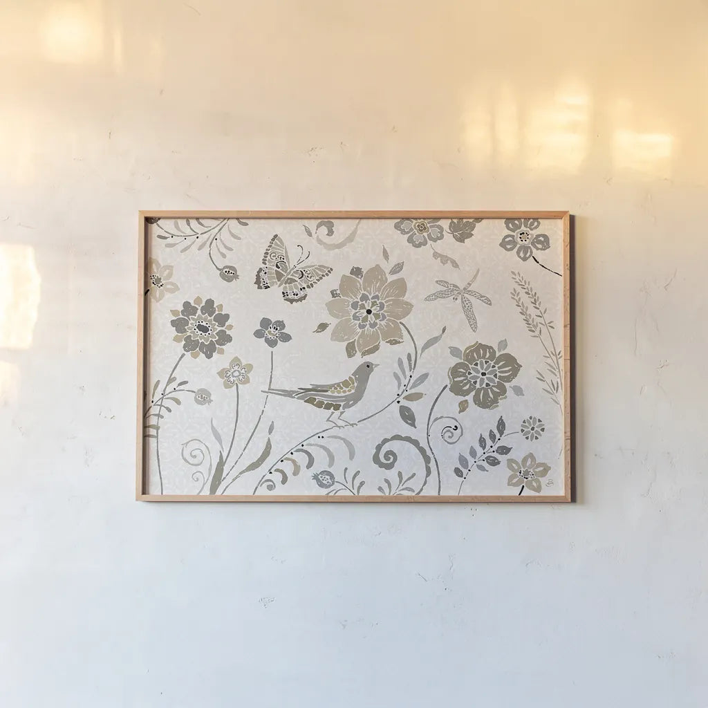 Spanish Impressions I Neutral by Daphne Brissonnet. shown as a paper print in a natural frame. Available as a archival giclee rolled canvas, fine art paper, or poster print. SKU 77798i.