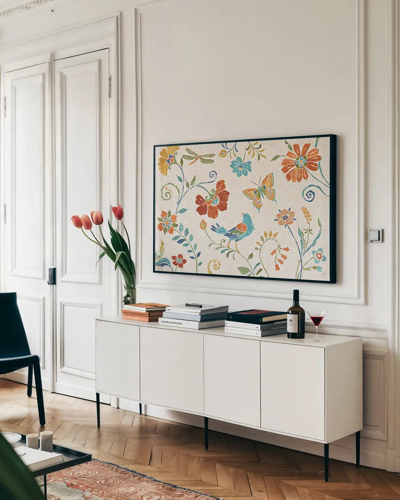 Spanish Impressions II by Daphne Brissonnet. shown as a framed stretched canvas in a living room above a console. Available as a archival giclee rolled canvas, fine art paper, or poster print. SKU 27343i.