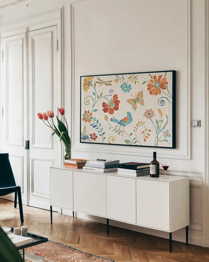 Spanish Impressions II by Daphne Brissonnet. shown as a framed stretched canvas in a living room above a console. Available as a archival giclee rolled canvas, fine art paper, or poster print. SKU 27343i.
