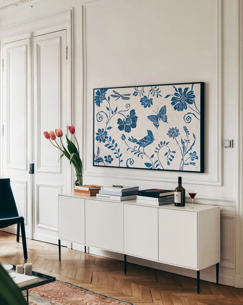Spanish Impressions II Blue by Daphne Brissonnet. shown as a framed stretched canvas in a living room above a console. Available as a archival giclee rolled canvas, fine art paper, or poster print. SKU 53489i.