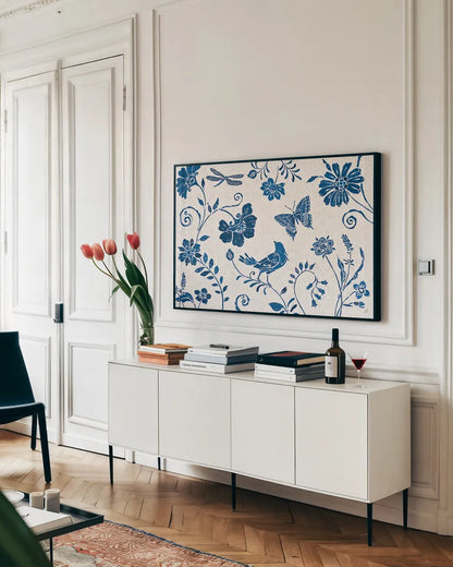 Spanish Impressions II Blue by Daphne Brissonnet. shown as a framed stretched canvas in a living room above a console. Available as a archival giclee rolled canvas, fine art paper, or poster print. SKU 53489i.