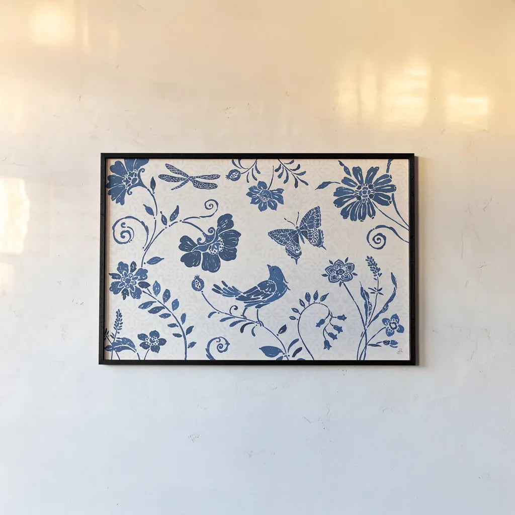 Spanish Impressions II Blue by Daphne Brissonnet. shown as a paper print in a black flame. Available as a archival giclee rolled canvas, fine art paper, or poster print. SKU 53489i.