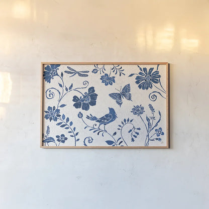 Spanish Impressions II Blue by Daphne Brissonnet. shown as a paper print in a natural frame. Available as a archival giclee rolled canvas, fine art paper, or poster print. SKU 53489i.