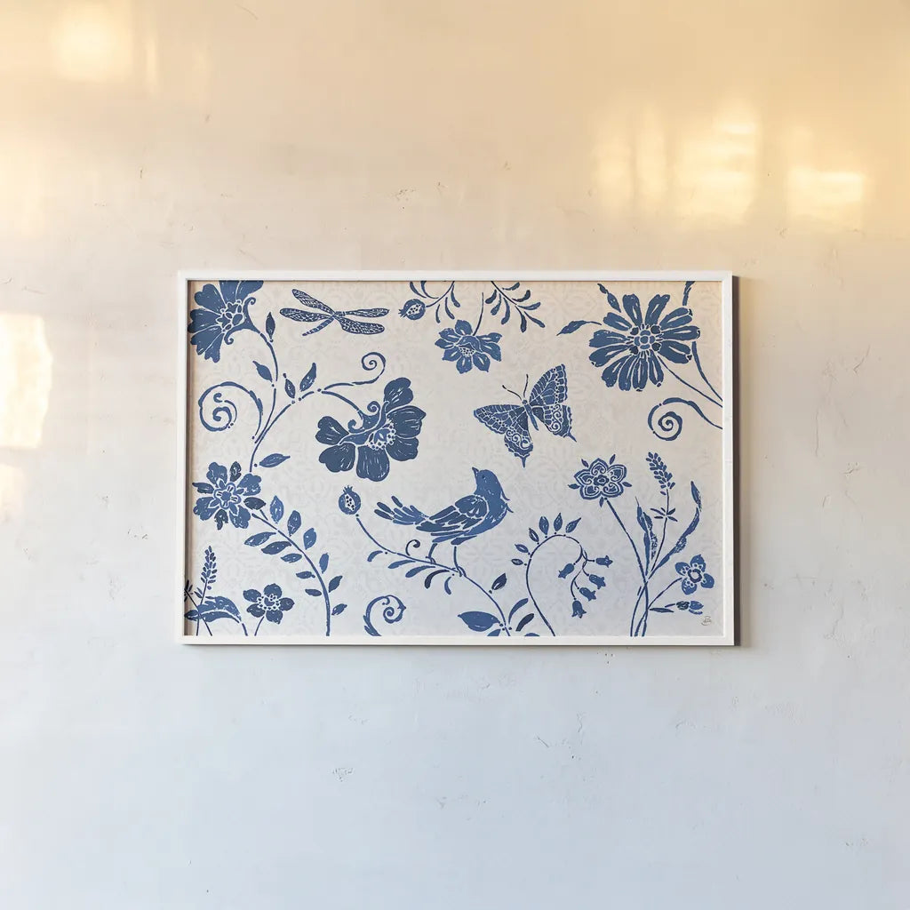 Spanish Impressions II Blue by Daphne Brissonnet. shown as a paper print in a white frame. Available as a archival giclee rolled canvas, fine art paper, or poster print. SKU 53489i.