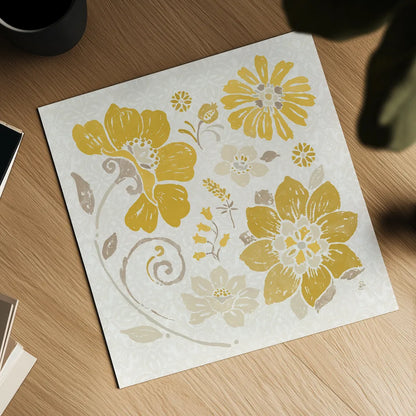 Spanish Impressions III Yellow by Daphne Brissonnet. Shown as a detailed flat fine art print, highlighting archival giclee quality. Available as an archival giclee rolled canvas, fine art paper, or poster print. SKU 75699a.