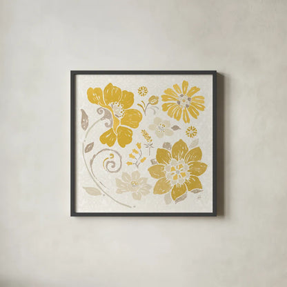 Spanish Impressions III Yellow by Daphne Brissonnet. Shown in a sleek black glass frame for a contemporary gallery look. Available as an archival giclee rolled canvas, fine art paper, or poster print. SKU 75699a.