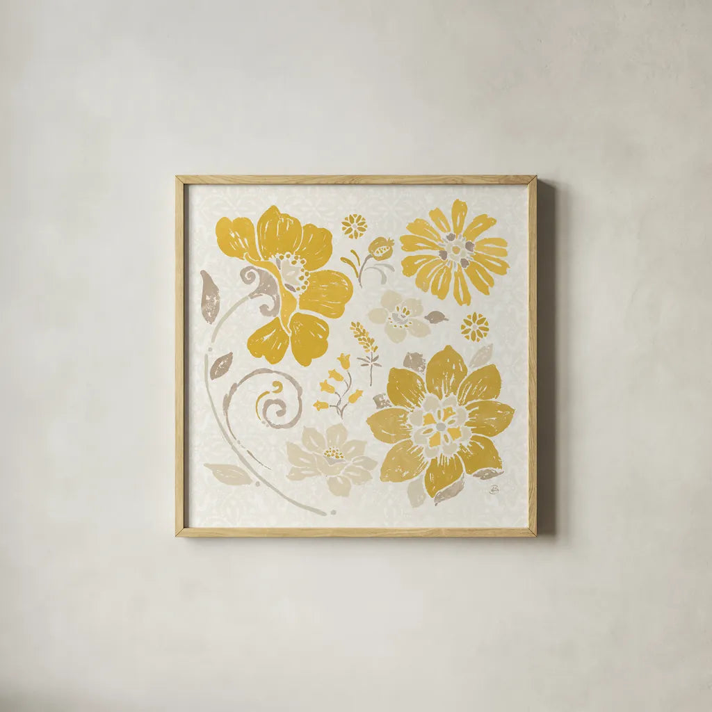 Spanish Impressions III Yellow by Daphne Brissonnet. Shown in a natural wood glass frame for a timeless modern aesthetic. Available as an archival giclee rolled canvas, fine art paper, or poster print. SKU 75699a.