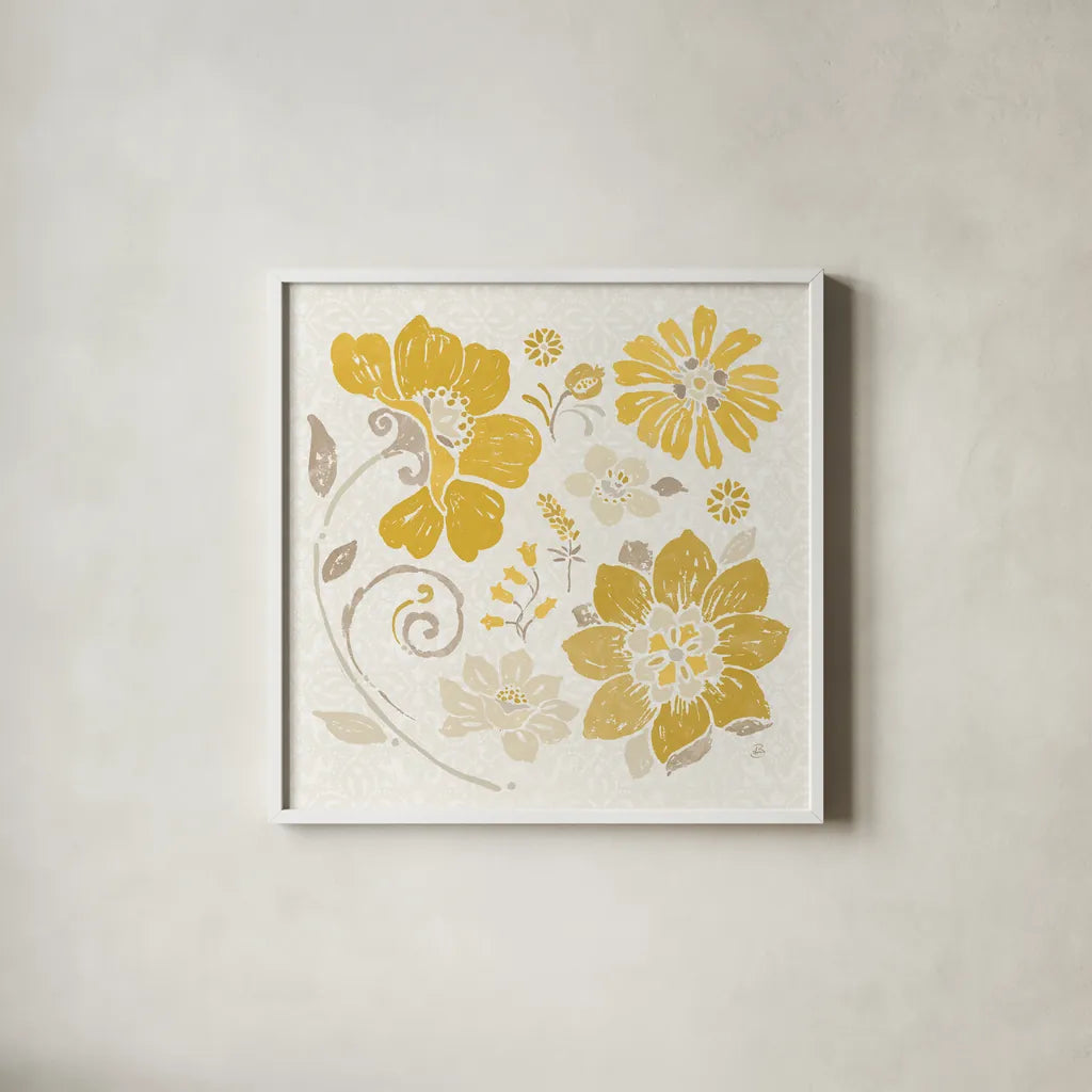Spanish Impressions III Yellow by Daphne Brissonnet. Shown in a crisp white glass frame for a clean and minimalist style. Available as an archival giclee rolled canvas, fine art paper, or poster print. SKU 75699a.