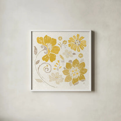 Spanish Impressions III Yellow by Daphne Brissonnet. Shown in a crisp white glass frame for a clean and minimalist style. Available as an archival giclee rolled canvas, fine art paper, or poster print. SKU 75699a.