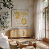 Spanish Impressions III Yellow by Daphne Brissonnet. Shown in a natural wood frame in a cozy modern living room. Available as an archival giclee rolled canvas, fine art paper, or poster print. SKU 75699a.
