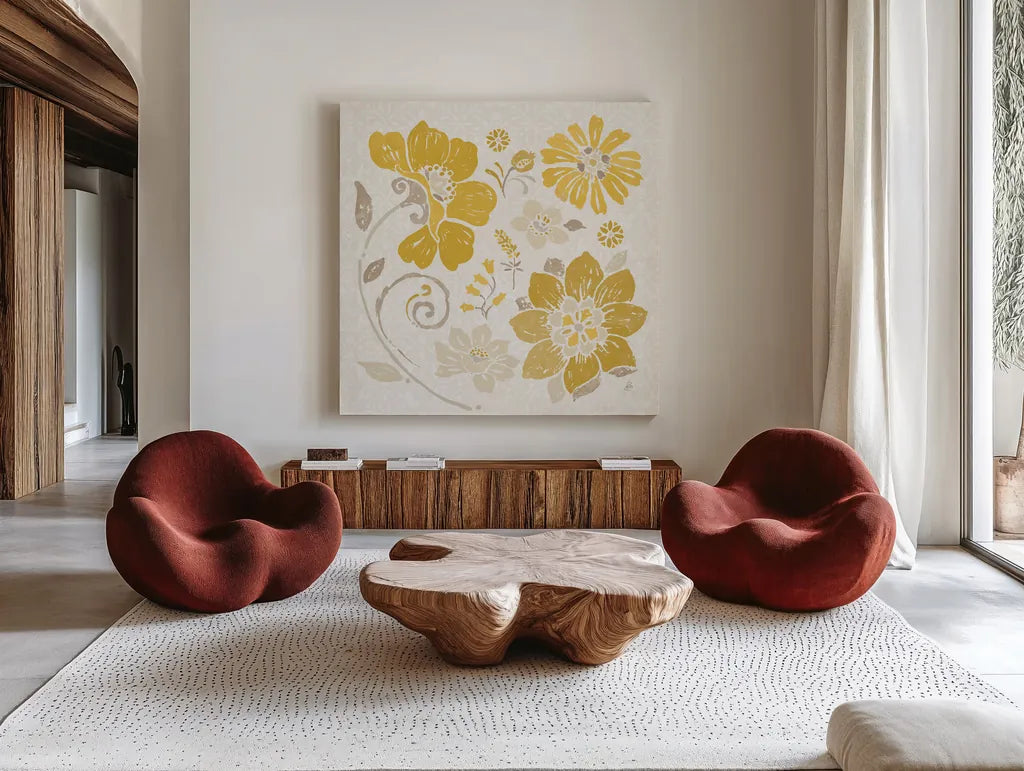 Spanish Impressions III Yellow by Daphne Brissonnet. Shown as extra-large giant wall art in a modern living room. Available as an archival giclee rolled canvas, fine art paper, or poster print. SKU 75699a.