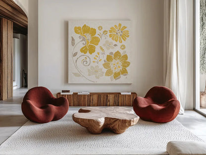 Spanish Impressions III Yellow by Daphne Brissonnet. Shown as extra-large giant wall art in a modern living room. Available as an archival giclee rolled canvas, fine art paper, or poster print. SKU 75699a.