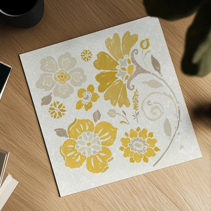 Spanish Impressions IV Yellow by Daphne Brissonnet. Shown as a detailed flat fine art print, highlighting archival giclee quality. Available as an archival giclee rolled canvas, fine art paper, or poster print. SKU 75700a.