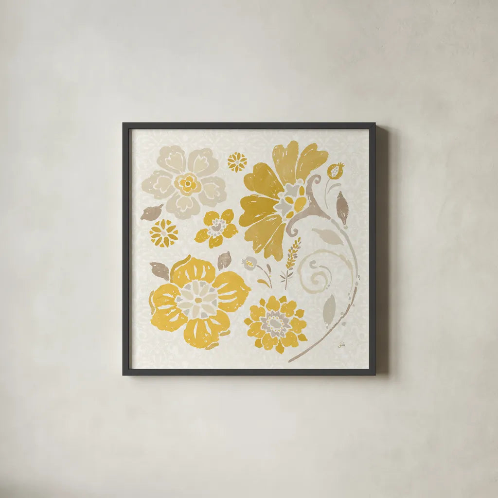 Spanish Impressions IV Yellow by Daphne Brissonnet. Shown in a sleek black glass frame for a contemporary gallery look. Available as an archival giclee rolled canvas, fine art paper, or poster print. SKU 75700a.