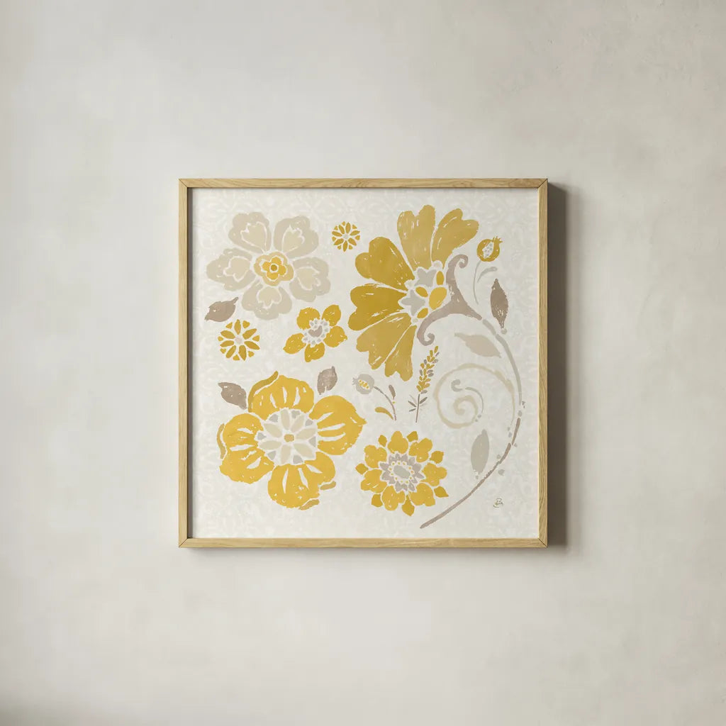 Spanish Impressions IV Yellow by Daphne Brissonnet. Shown in a natural wood glass frame for a timeless modern aesthetic. Available as an archival giclee rolled canvas, fine art paper, or poster print. SKU 75700a.