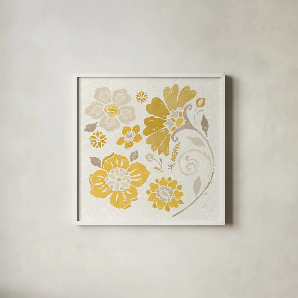 Spanish Impressions IV Yellow by Daphne Brissonnet. Shown in a crisp white glass frame for a clean and minimalist style. Available as an archival giclee rolled canvas, fine art paper, or poster print. SKU 75700a.