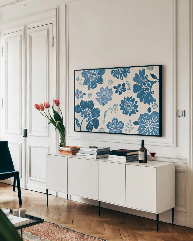 Spanish Impressions VII Blue by Daphne Brissonnet. shown as a framed stretched canvas in a living room above a console. Available as a archival giclee rolled canvas, fine art paper, or poster print. SKU 77800i.
