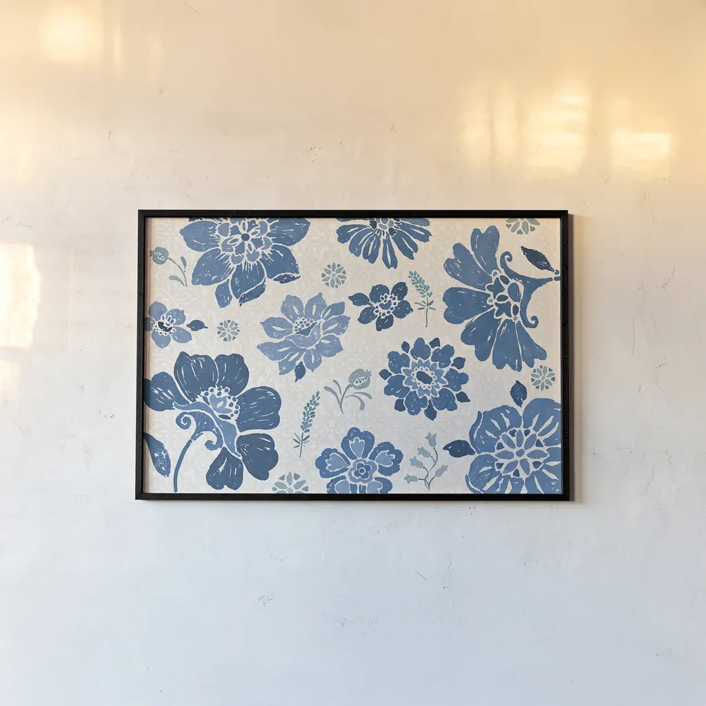 Spanish Impressions VII Blue by Daphne Brissonnet. shown as a paper print in a black flame. Available as a archival giclee rolled canvas, fine art paper, or poster print. SKU 77800i.