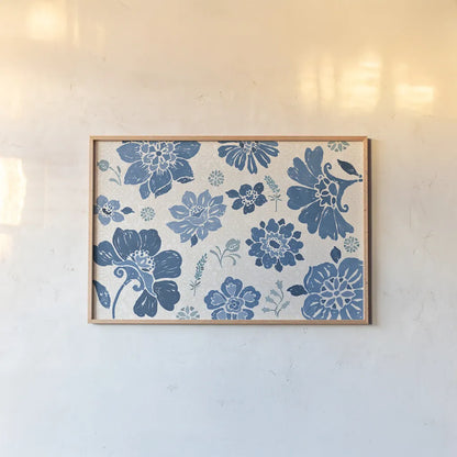 Spanish Impressions VII Blue by Daphne Brissonnet. shown as a paper print in a natural frame. Available as a archival giclee rolled canvas, fine art paper, or poster print. SKU 77800i.