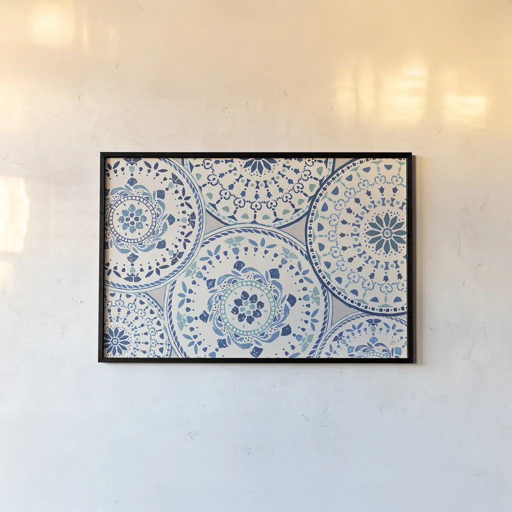 Spanish Impressions VIII Blue by Daphne Brissonnet. shown as a paper print in a black flame. Available as a archival giclee rolled canvas, fine art paper, or poster print. SKU 77803i.