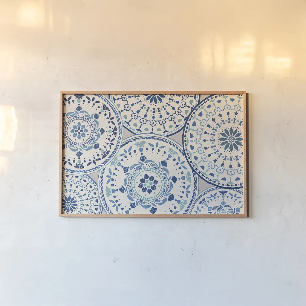 Spanish Impressions VIII Blue by Daphne Brissonnet. shown as a paper print in a natural frame. Available as a archival giclee rolled canvas, fine art paper, or poster print. SKU 77803i.
