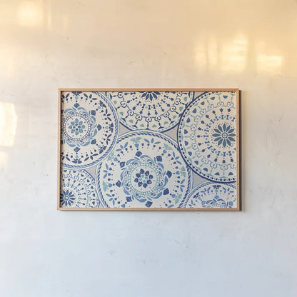 Spanish Impressions VIII Blue by Daphne Brissonnet. shown as a paper print in a natural frame. Available as a archival giclee rolled canvas, fine art paper, or poster print. SKU 77803i.