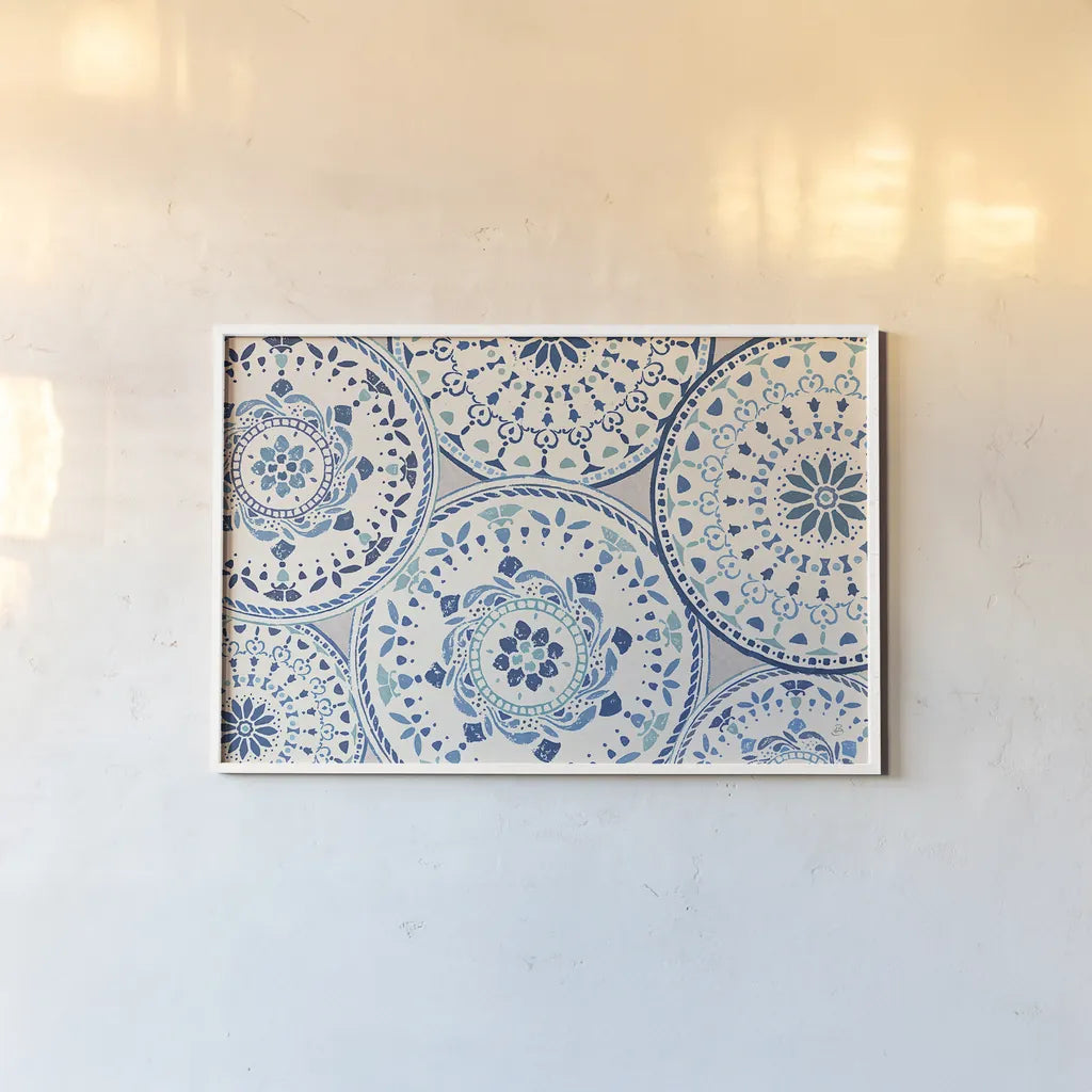 Spanish Impressions VIII Blue by Daphne Brissonnet. shown as a paper print in a white frame. Available as a archival giclee rolled canvas, fine art paper, or poster print. SKU 77803i.