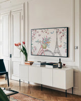 Sparrow Spring I Light by Daphne Brissonnet. shown as a framed stretched canvas in a living room above a console. Available as a archival giclee rolled canvas, fine art paper, or poster print. SKU 37664i.