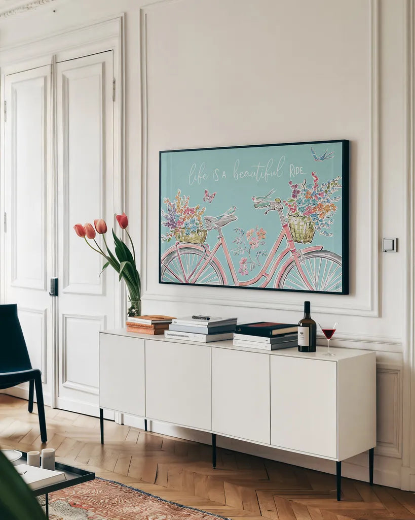 Sparrow Spring III by Daphne Brissonnet. shown as a framed stretched canvas in a living room above a console. Available as a archival giclee rolled canvas, fine art paper, or poster print. SKU 37657i.
