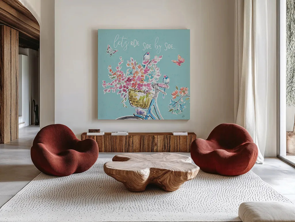 Sparrow Spring V by Daphne Brissonnet. Shown as extra-large giant wall art in a modern living room. Available as an archival giclee rolled canvas, fine art paper, or poster print. SKU 37659a.