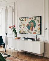 Spice Season II by Daphne Brissonnet. shown as a framed stretched canvas in a living room above a console. Available as a archival giclee rolled canvas, fine art paper, or poster print. SKU 32233i.