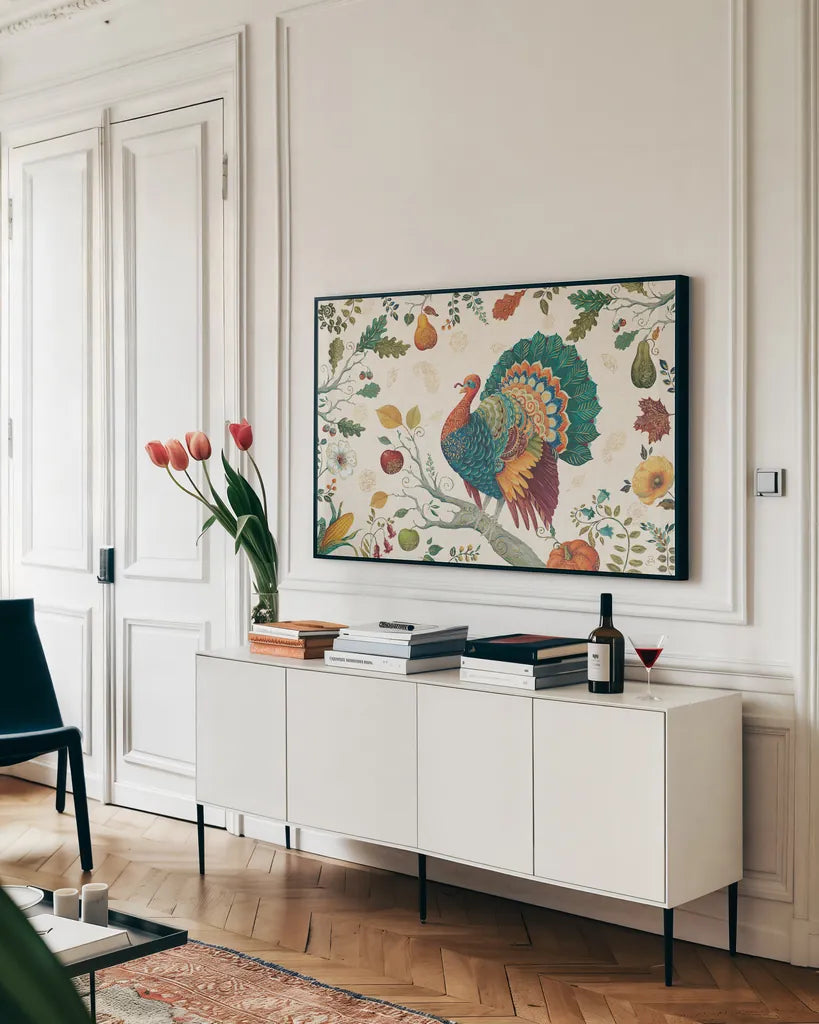 Spice Season II by Daphne Brissonnet. shown as a framed stretched canvas in a living room above a console. Available as a archival giclee rolled canvas, fine art paper, or poster print. SKU 32233i.
