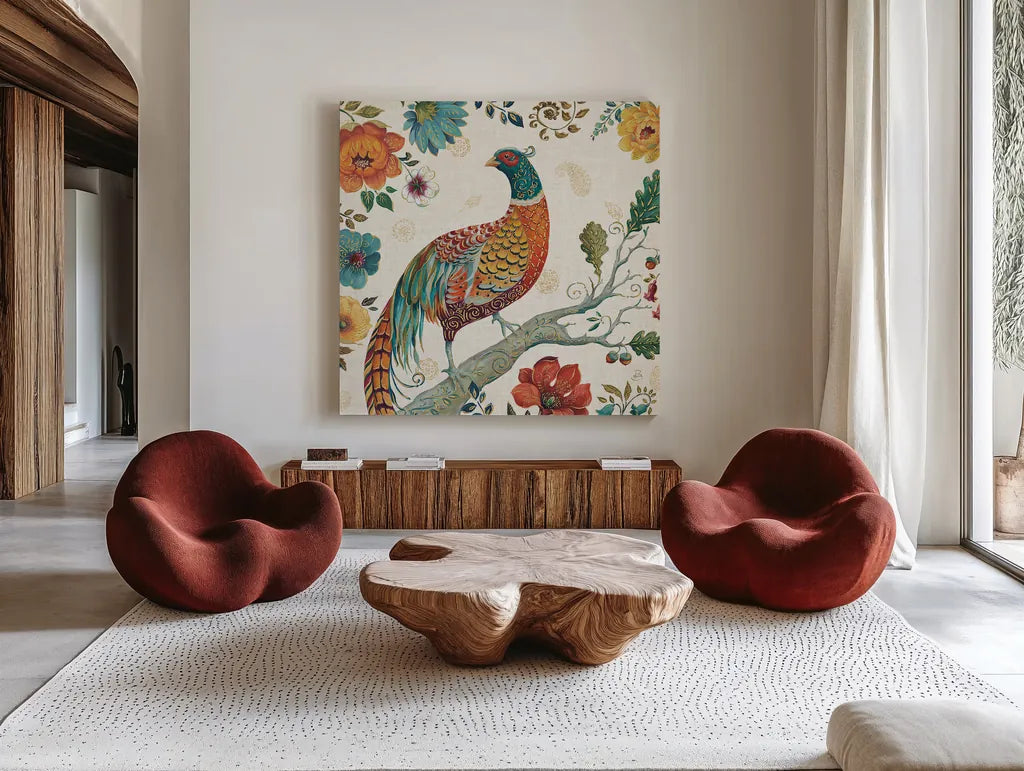 Spice Season III by Daphne Brissonnet. Shown as extra-large giant wall art in a modern living room. Available as an archival giclee rolled canvas, fine art paper, or poster print. SKU 32234a.