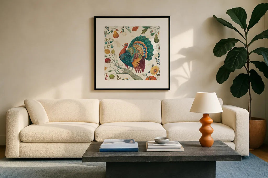 Spice Season IV by Daphne Brissonnet. Displayed in a glass frame with matte in a clean modern living room. Available as an archival giclee rolled canvas, fine art paper, or poster print. SKU 32235a.