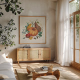 Spice Season VII by Daphne Brissonnet. Shown in a natural wood frame in a cozy modern living room. Available as an archival giclee rolled canvas, fine art paper, or poster print. SKU 32238a.