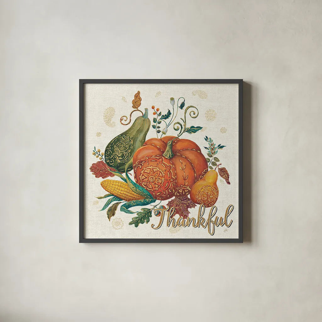 Spice Season VIII - Thankful by Daphne Brissonnet. Shown in a sleek black glass frame for a contemporary gallery look. Available as an archival giclee rolled canvas, fine art paper, or poster print. SKU 35634a.