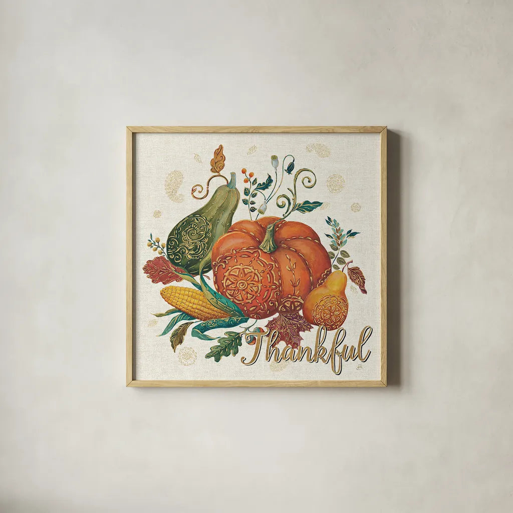 Spice Season VIII - Thankful by Daphne Brissonnet. Shown in a natural wood glass frame for a timeless modern aesthetic. Available as an archival giclee rolled canvas, fine art paper, or poster print. SKU 35634a.