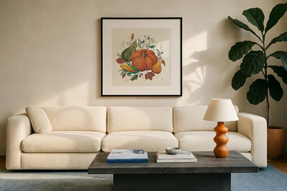 Spice Season VIII by Daphne Brissonnet. Displayed in a glass frame with matte in a clean modern living room. Available as an archival giclee rolled canvas, fine art paper, or poster print. SKU 32239a.