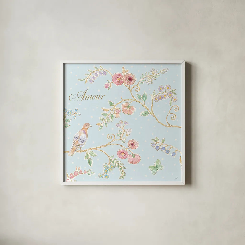 Spring Fling II by Daphne Brissonnet. Shown in a crisp white glass frame for a clean and minimalist style. Available as an archival giclee rolled canvas, fine art paper, or poster print. SKU 69868a.