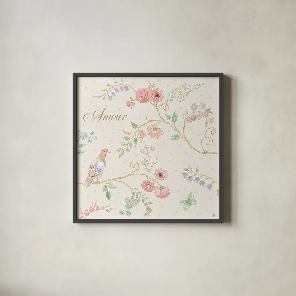 Spring Fling II Light by Daphne Brissonnet. Shown in a sleek black glass frame for a contemporary gallery look. Available as an archival giclee rolled canvas, fine art paper, or poster print. SKU 69877a.