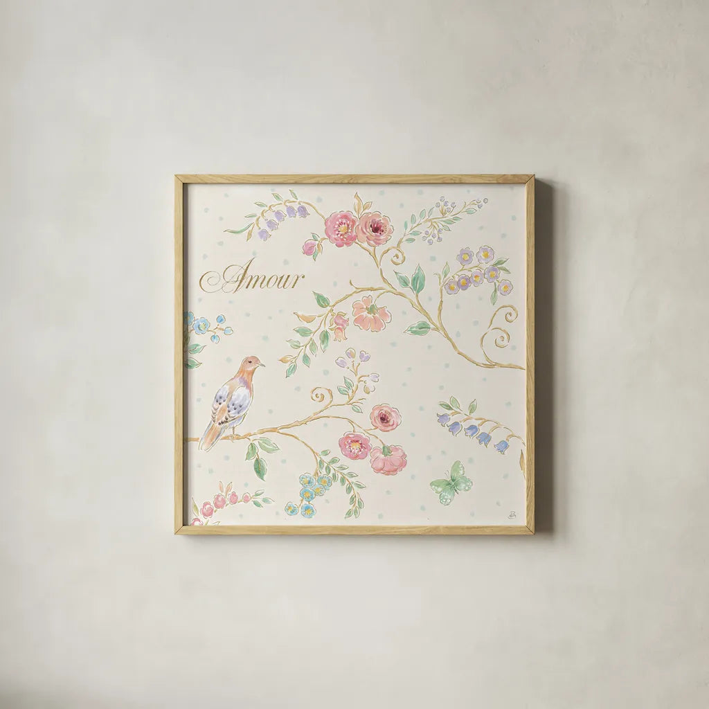 Spring Fling II Light by Daphne Brissonnet. Shown in a natural wood glass frame for a timeless modern aesthetic. Available as an archival giclee rolled canvas, fine art paper, or poster print. SKU 69877a.