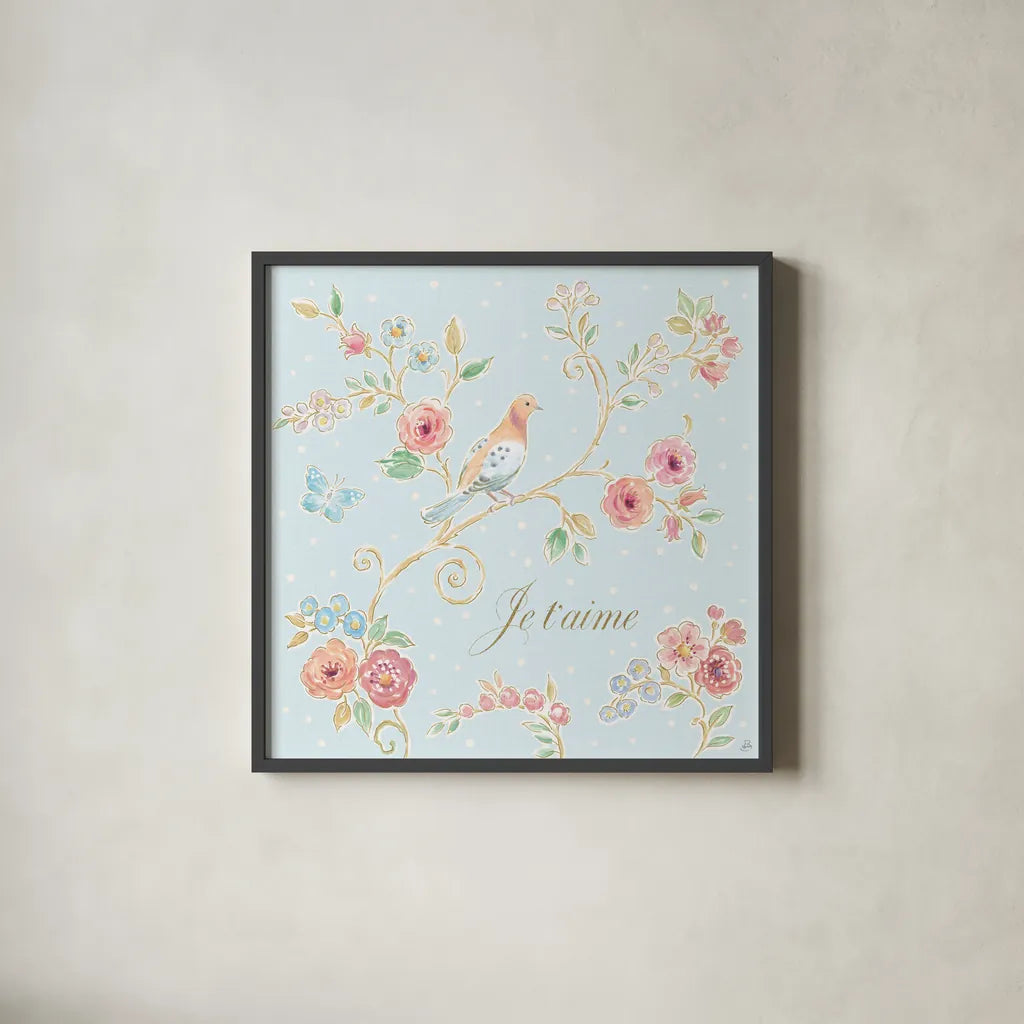 Spring Fling III by Daphne Brissonnet. Shown in a sleek black glass frame for a contemporary gallery look. Available as an archival giclee rolled canvas, fine art paper, or poster print. SKU 69869a.