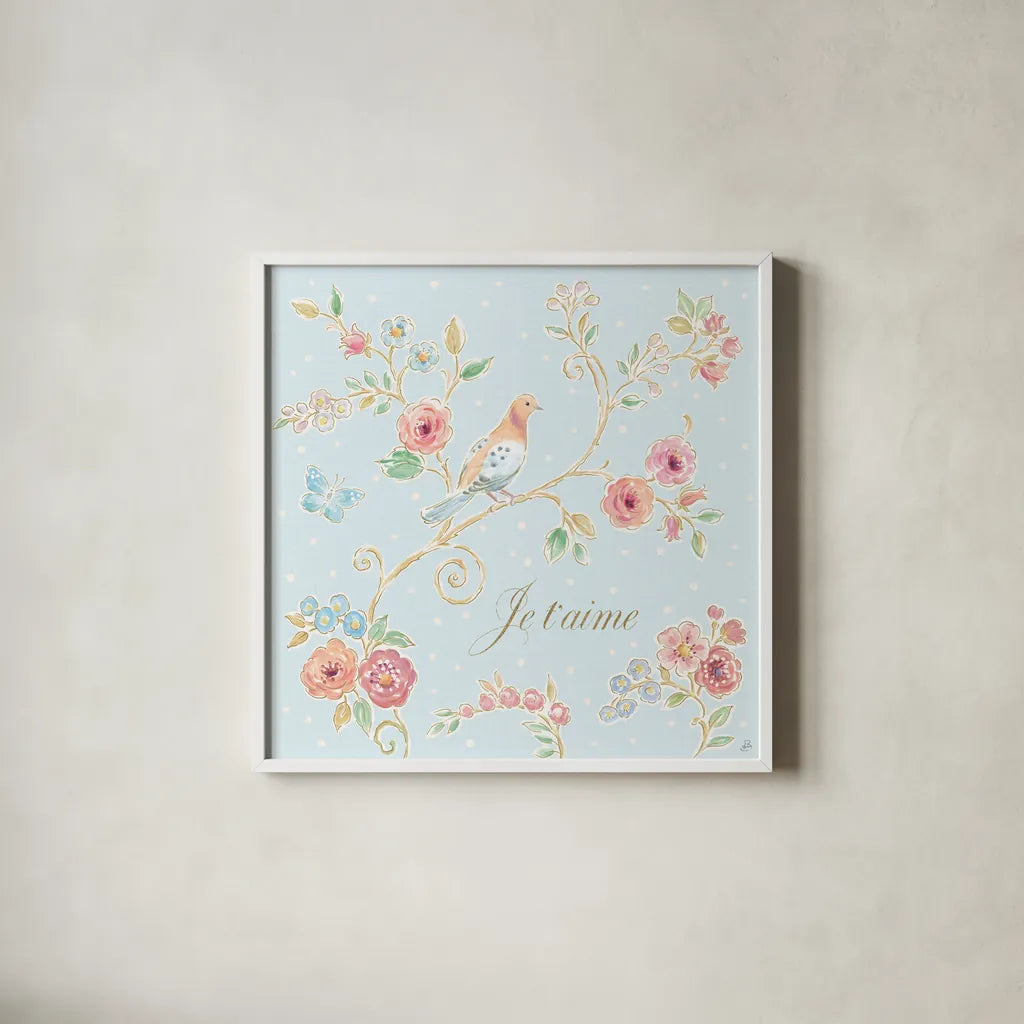 Spring Fling III by Daphne Brissonnet. Shown in a crisp white glass frame for a clean and minimalist style. Available as an archival giclee rolled canvas, fine art paper, or poster print. SKU 69869a.